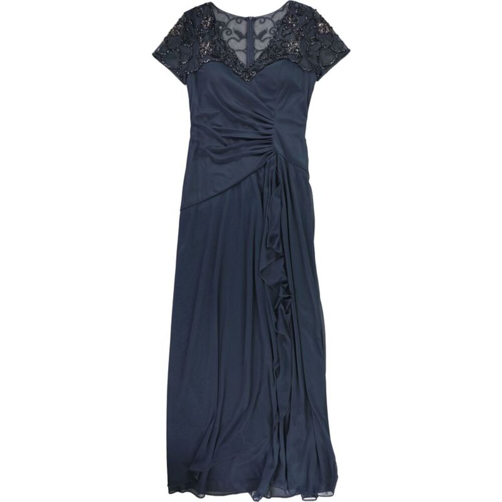 XSCAPE Womens Mesh Sleeve Gown Dress, Grey, 10, DM